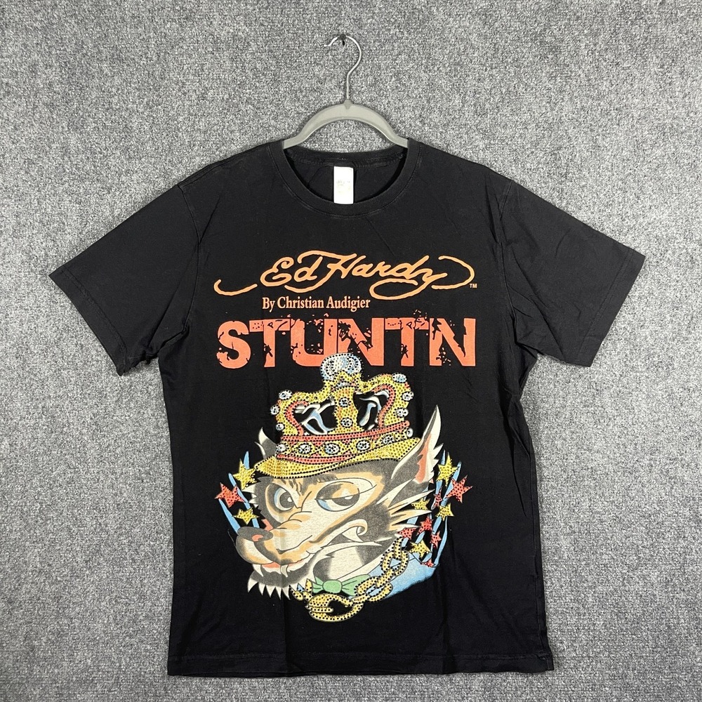 Ed Hardy Vintage STUNTN T-shirt by Christian Audigier Rhinestones Black Large